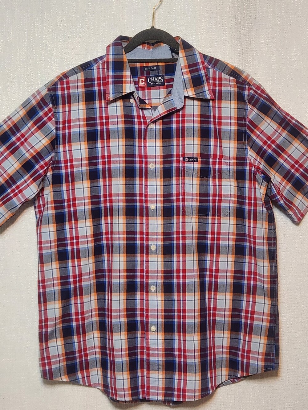 Chaps Button Down Short Sleeve Plaid Shirt Red Orange Blue Large